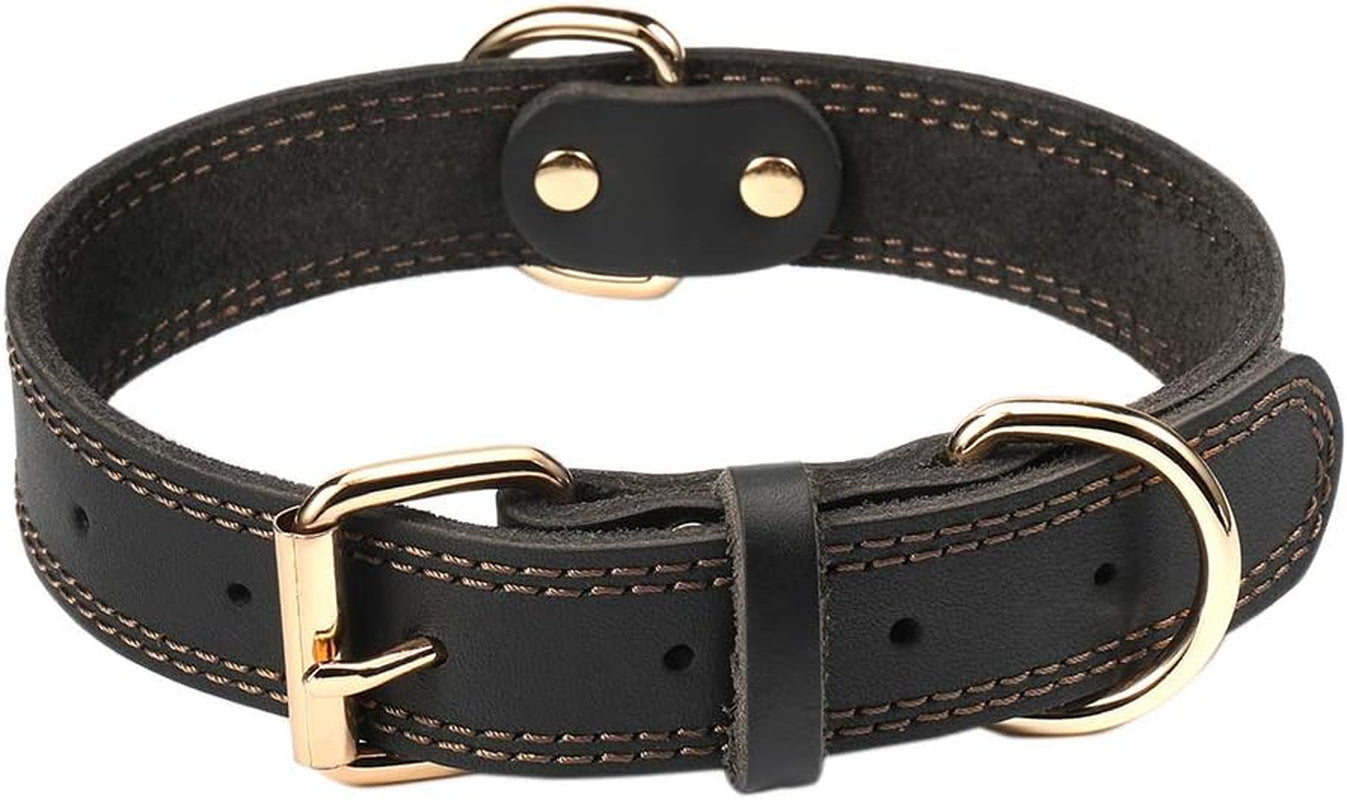 Leather Dog Collar, Genuine Heavy Duty Wide Dog Collar for Small,Medium,Large and Extra Large Dog (S: 0.8" Wide for 13.4"-15.8" Neck, Dual Stitch - Brown)