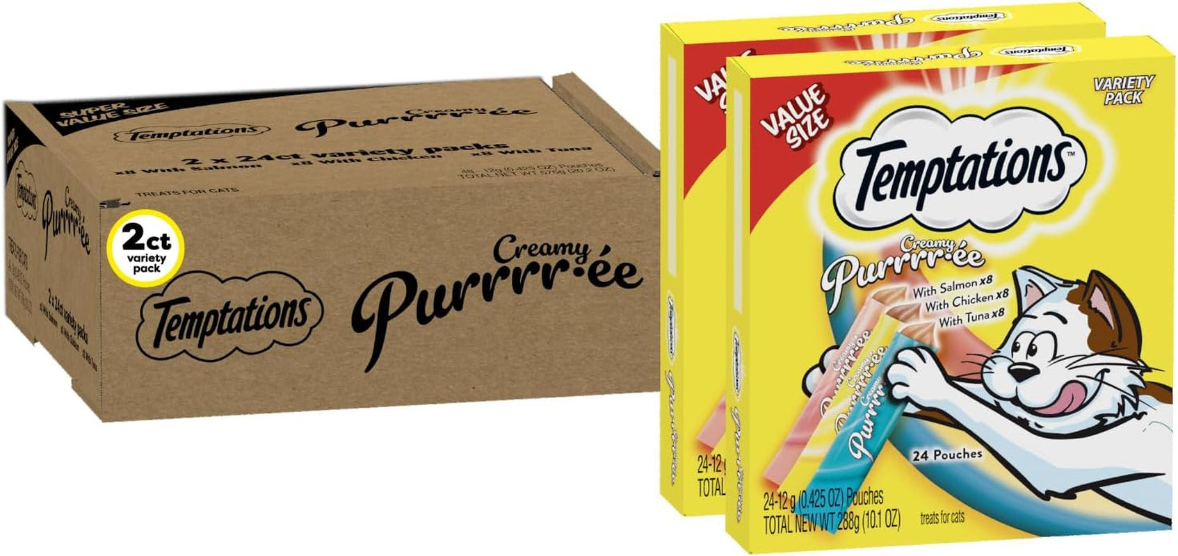 Temptations Creamy Puree Squeezable Lickable Wet Cat Treats with Salmon, 0.42 Oz. Tubes, 24 Count