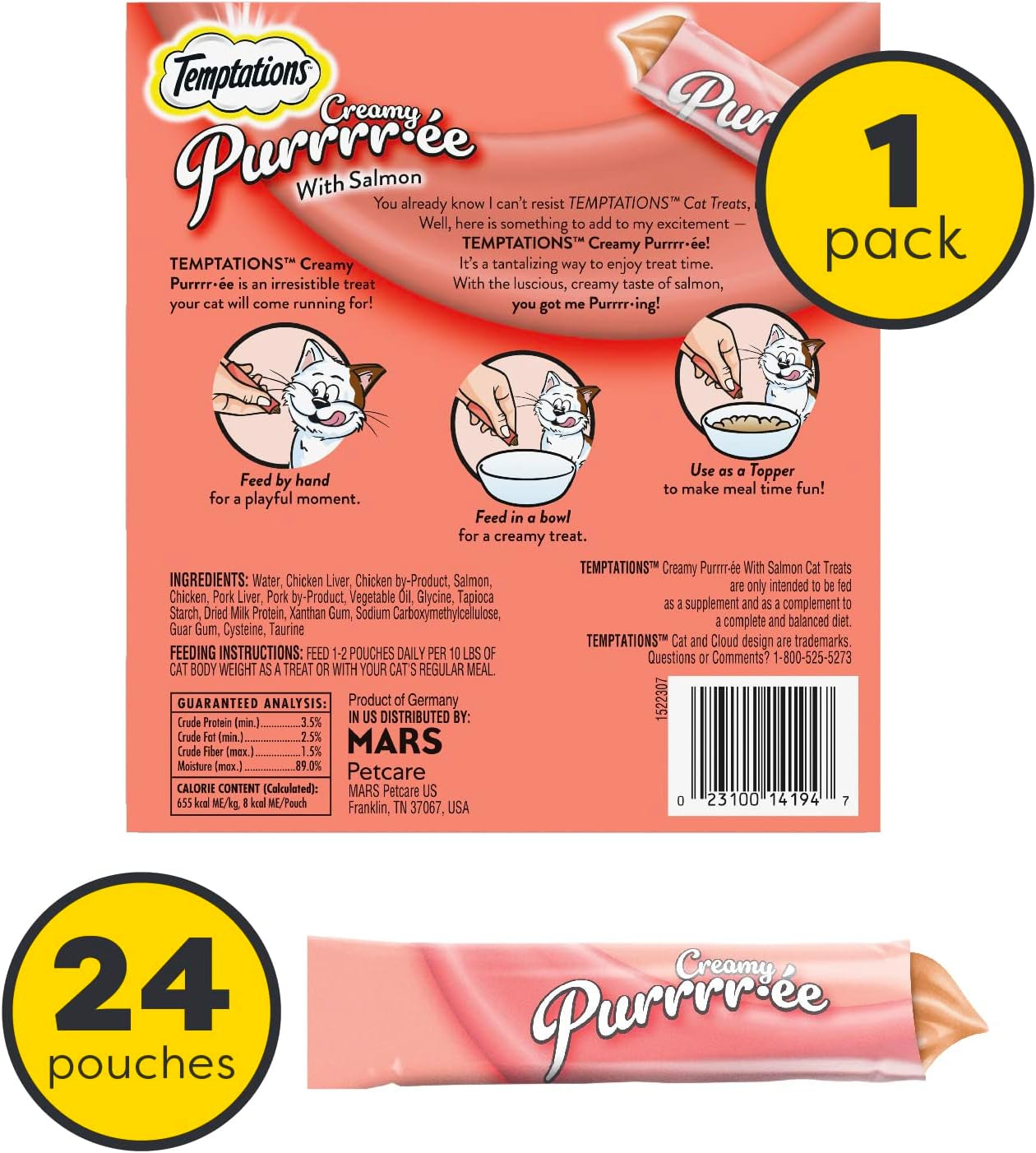 Temptations Creamy Puree Squeezable Lickable Wet Cat Treats with Salmon, 0.42 Oz. Tubes, 24 Count