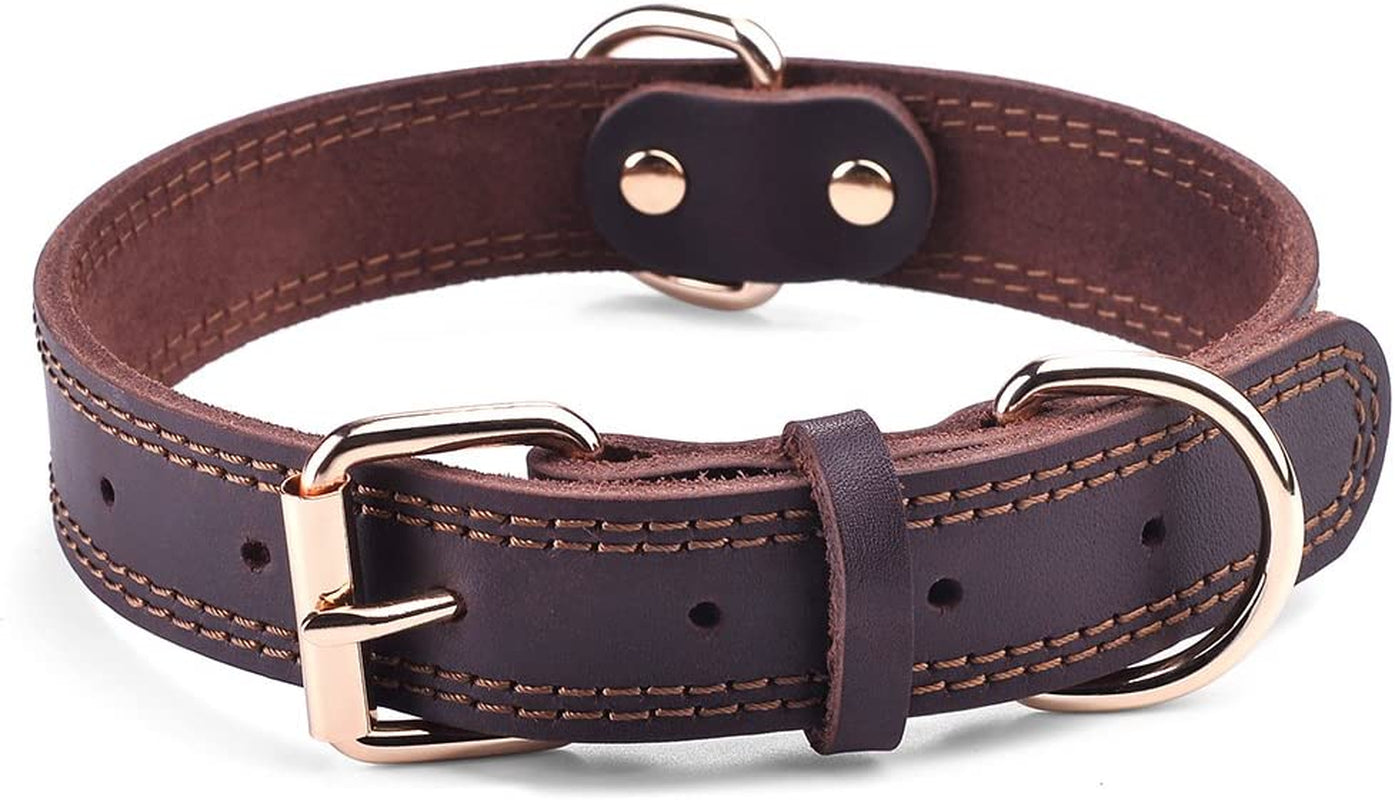 Leather Dog Collar, Genuine Heavy Duty Wide Dog Collar for Small,Medium,Large and Extra Large Dog (S: 0.8" Wide for 13.4"-15.8" Neck, Dual Stitch - Brown)