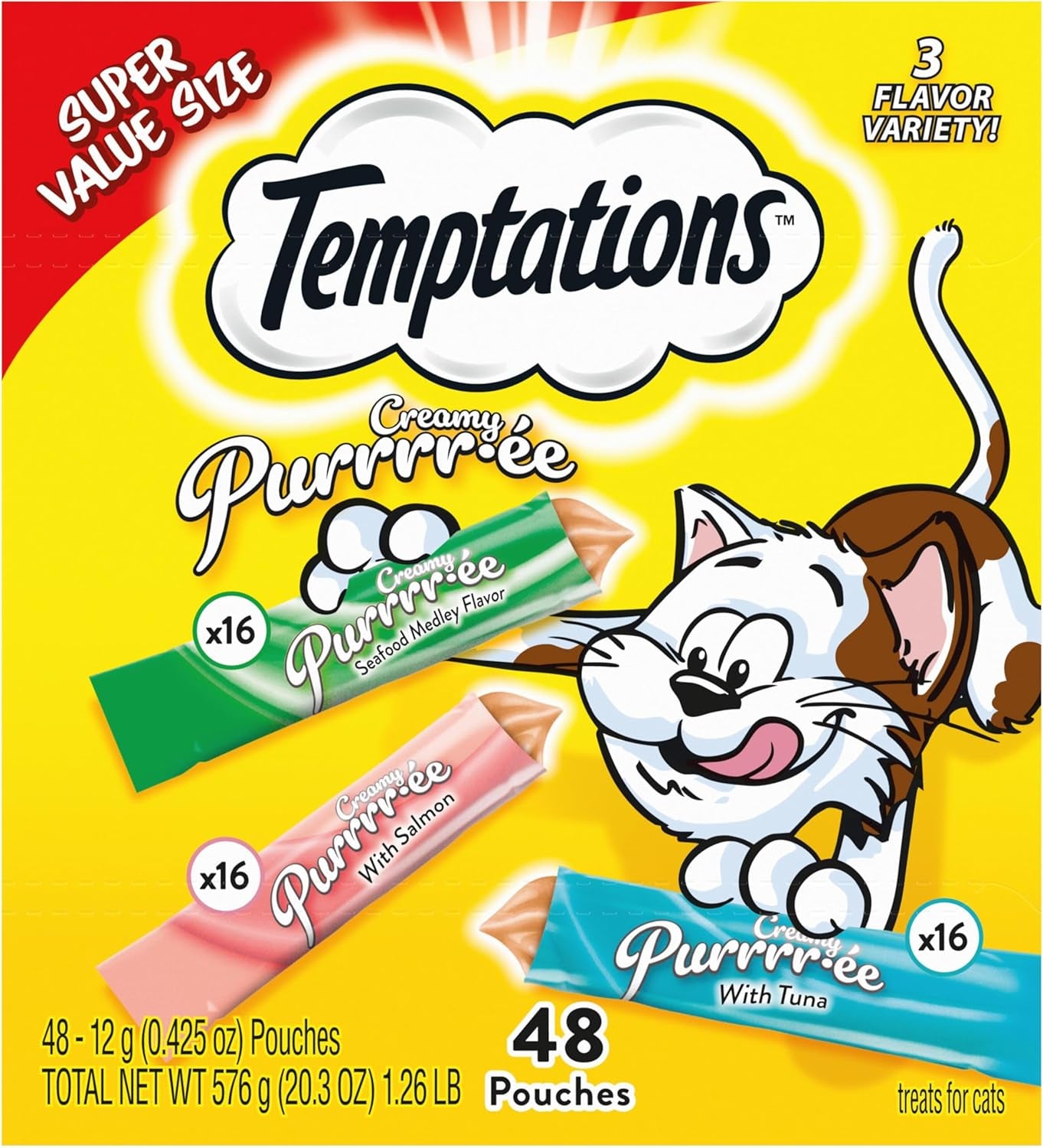 Temptations Creamy Puree Squeezable Lickable Wet Cat Treats with Salmon, 0.42 Oz. Tubes, 24 Count