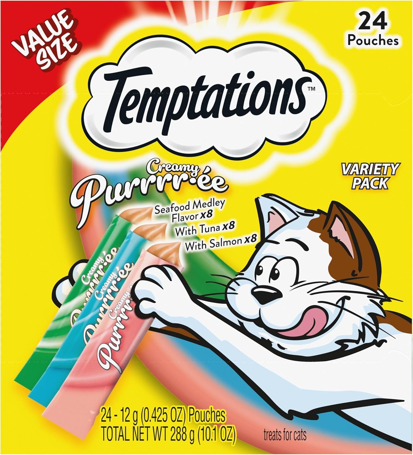 Temptations Creamy Puree Squeezable Lickable Wet Cat Treats with Salmon, 0.42 Oz. Tubes, 24 Count