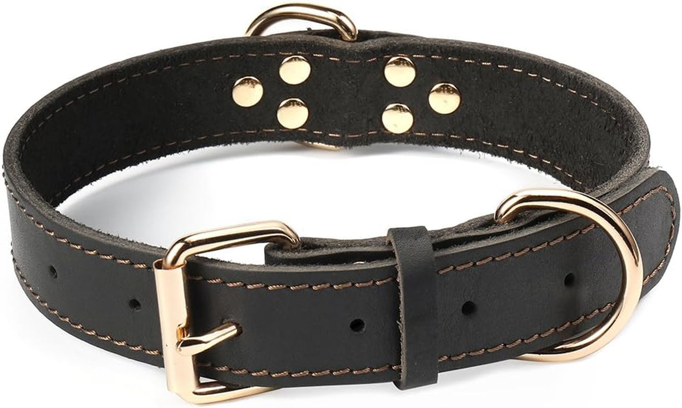 Leather Dog Collar, Genuine Heavy Duty Wide Dog Collar for Small,Medium,Large and Extra Large Dog (S: 0.8" Wide for 13.4"-15.8" Neck, Dual Stitch - Brown)
