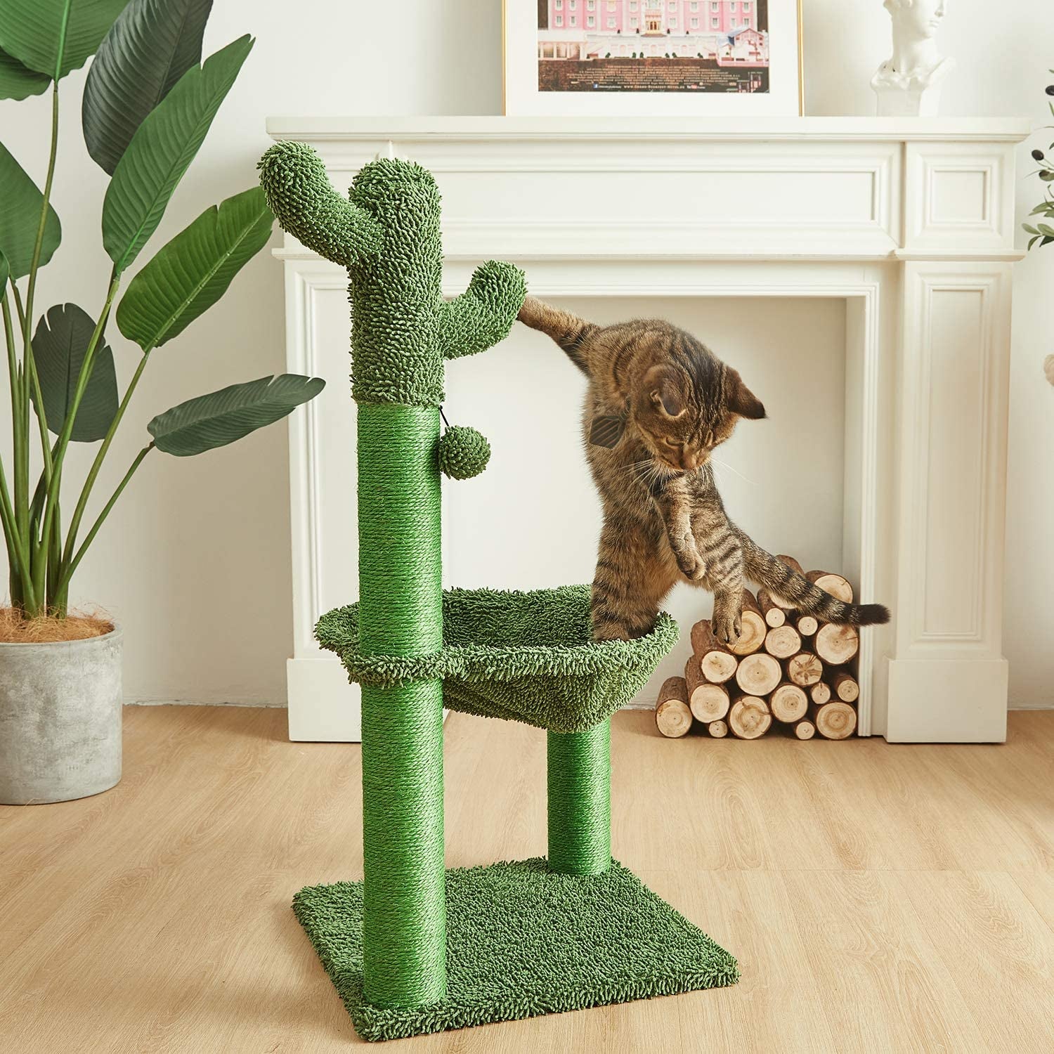 Catinsider 35 Inches Cactus Cat Tree with Hammock and Full Wrapped Sisal Scratching Post for Cats Green Large