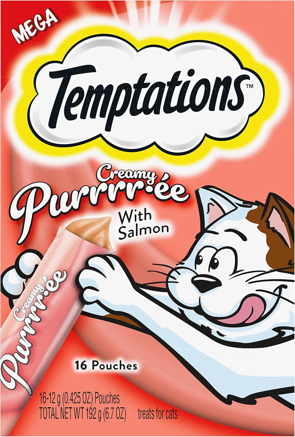 Temptations Creamy Puree Squeezable Lickable Wet Cat Treats with Salmon, 0.42 Oz. Tubes, 24 Count