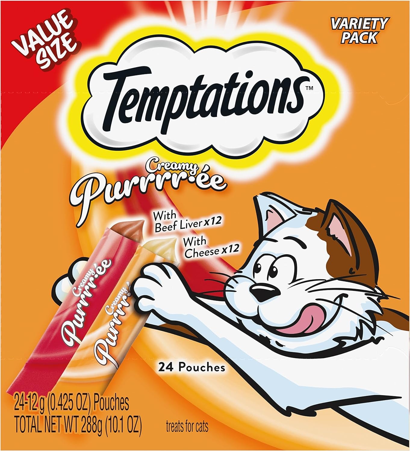 Temptations Creamy Puree Squeezable Lickable Wet Cat Treats with Salmon, 0.42 Oz. Tubes, 24 Count