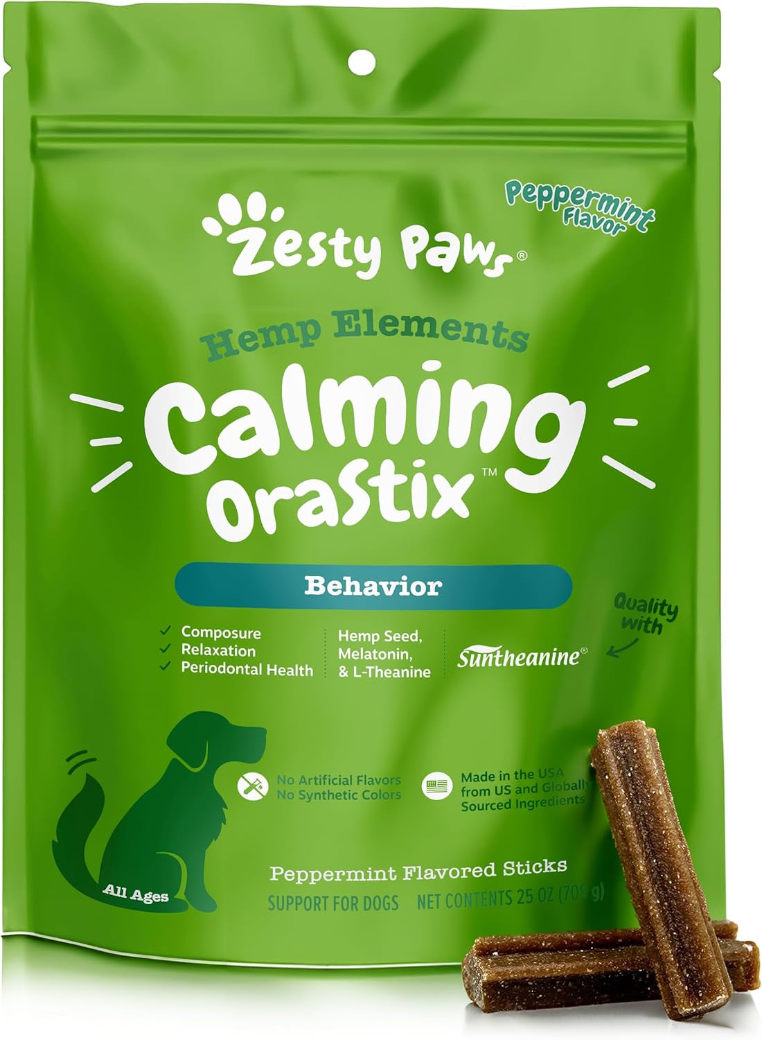 Zesty Paws Orastix for Dogs - Calming Dental Sticks for Stress with Hemp Melatonin Chamomile
