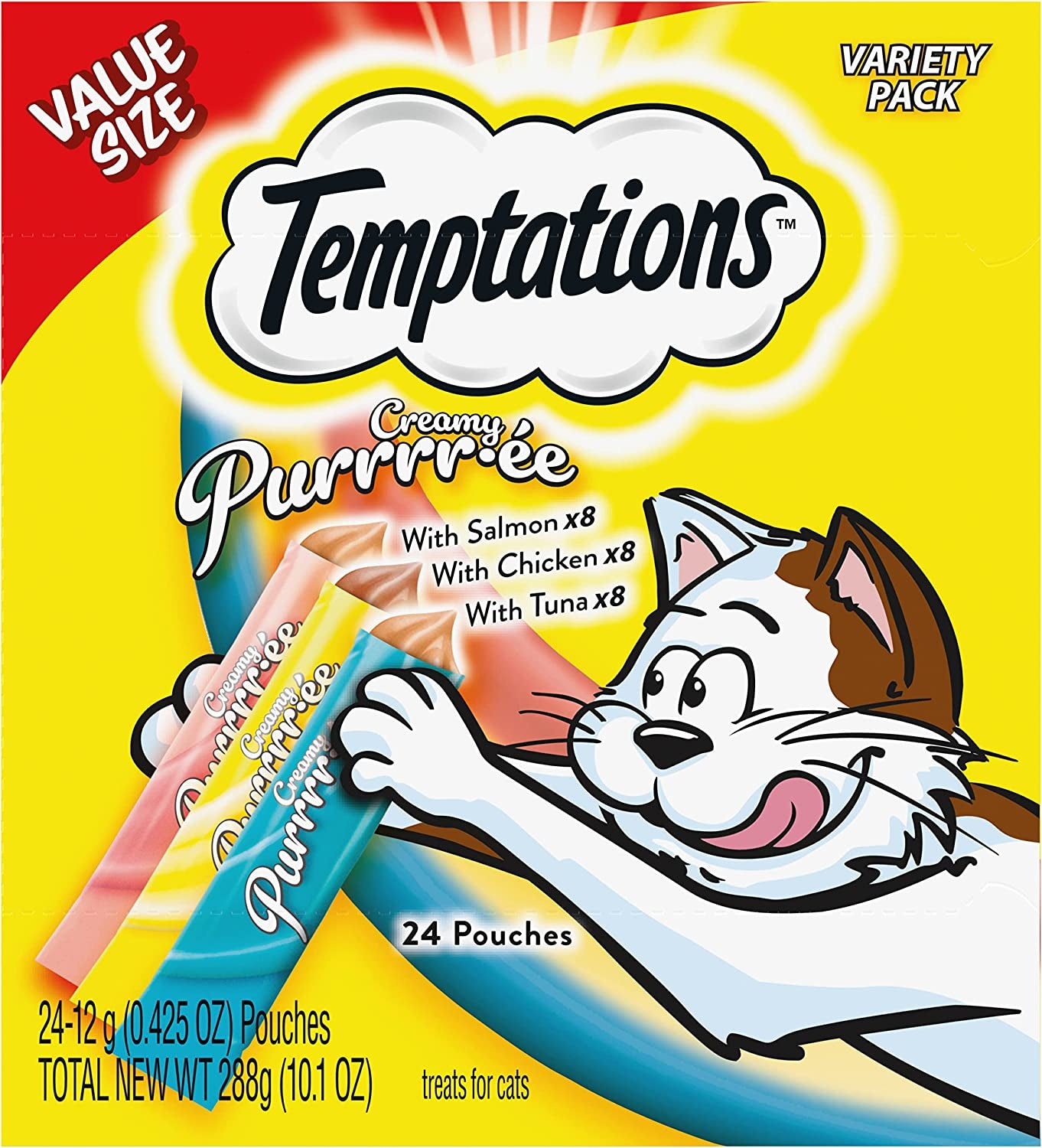 Temptations Creamy Puree Squeezable Lickable Wet Cat Treats with Salmon, 0.42 Oz. Tubes, 24 Count