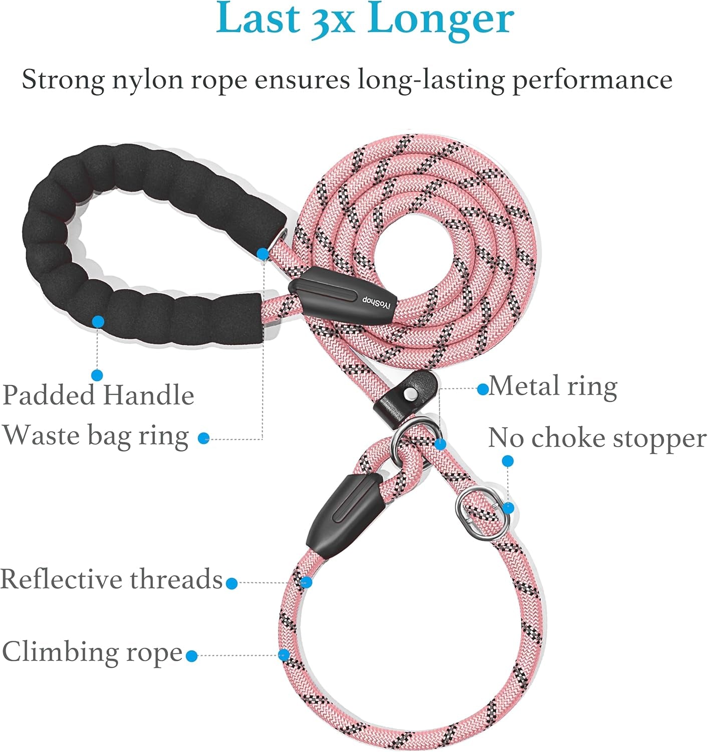 Iyoshop Durable Slip Lead Dog Leash with Padded Handle and Highly Reflective Threads, No Pull Dog Training Leash, (3/8" X 6 FT, Baby Pink)