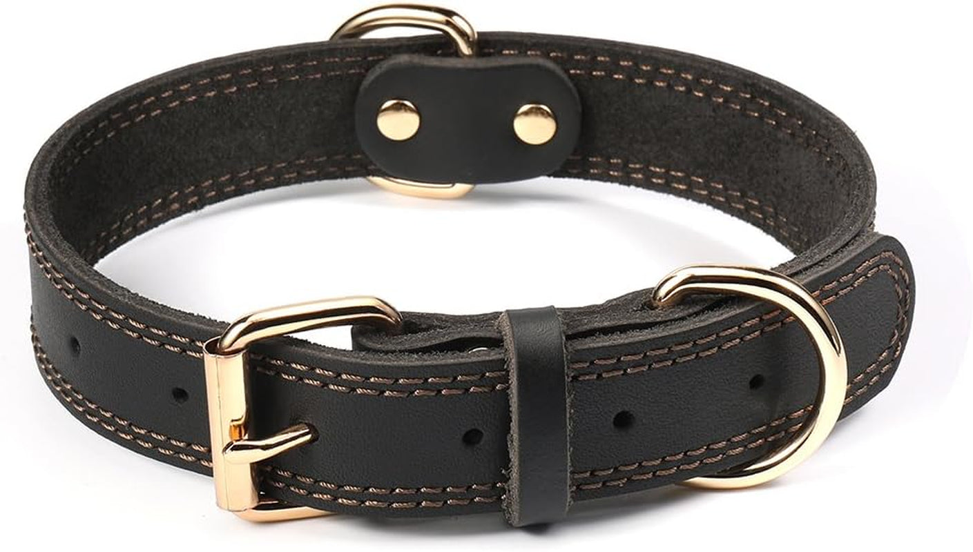 Leather Dog Collar, Genuine Heavy Duty Wide Dog Collar for Small,Medium,Large and Extra Large Dog (S: 0.8" Wide for 13.4"-15.8" Neck, Dual Stitch - Brown)