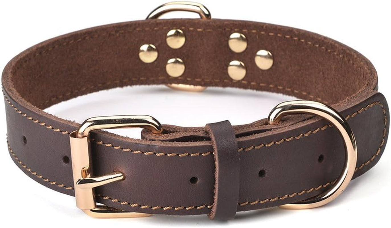 Leather Dog Collar, Genuine Heavy Duty Wide Dog Collar for Small,Medium,Large and Extra Large Dog (S: 0.8" Wide for 13.4"-15.8" Neck, Dual Stitch - Brown)