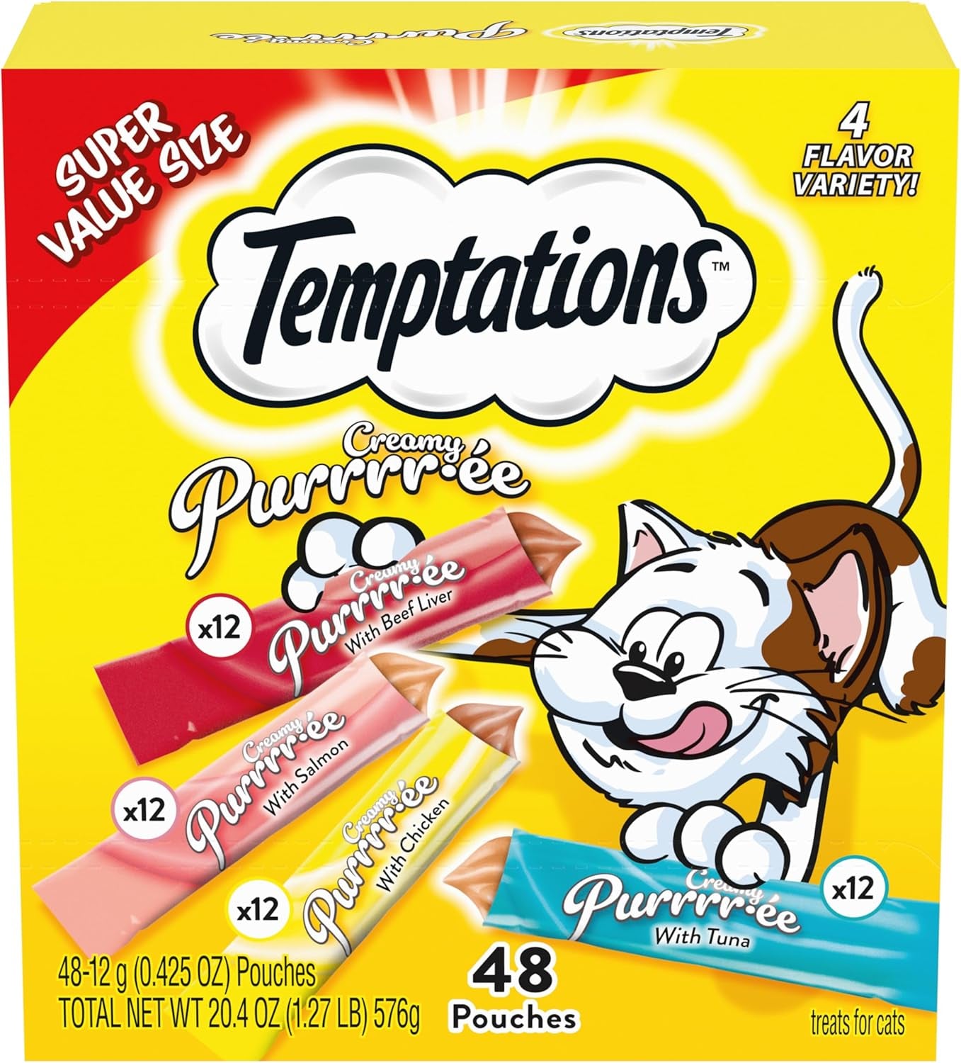 Temptations Creamy Puree Squeezable Lickable Wet Cat Treats with Salmon, 0.42 Oz. Tubes, 24 Count