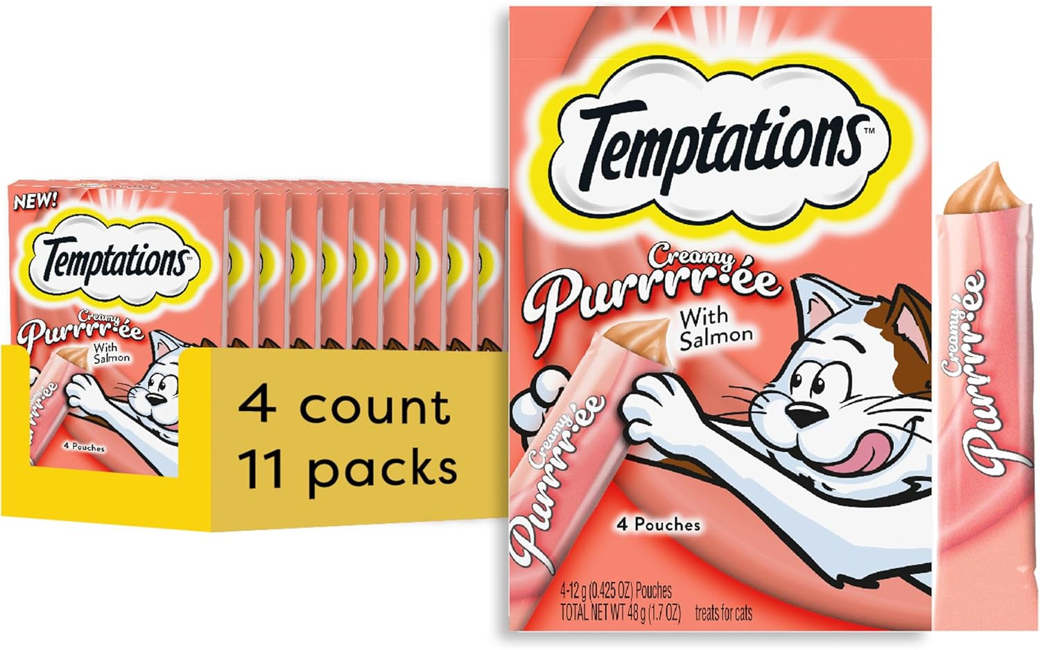 Temptations Creamy Puree Squeezable Lickable Wet Cat Treats with Salmon, 0.42 Oz. Tubes, 24 Count