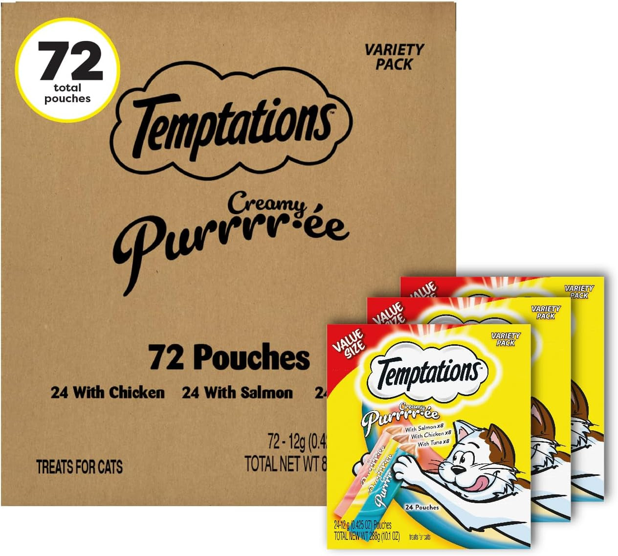 Temptations Creamy Puree Squeezable Lickable Wet Cat Treats with Salmon, 0.42 Oz. Tubes, 24 Count