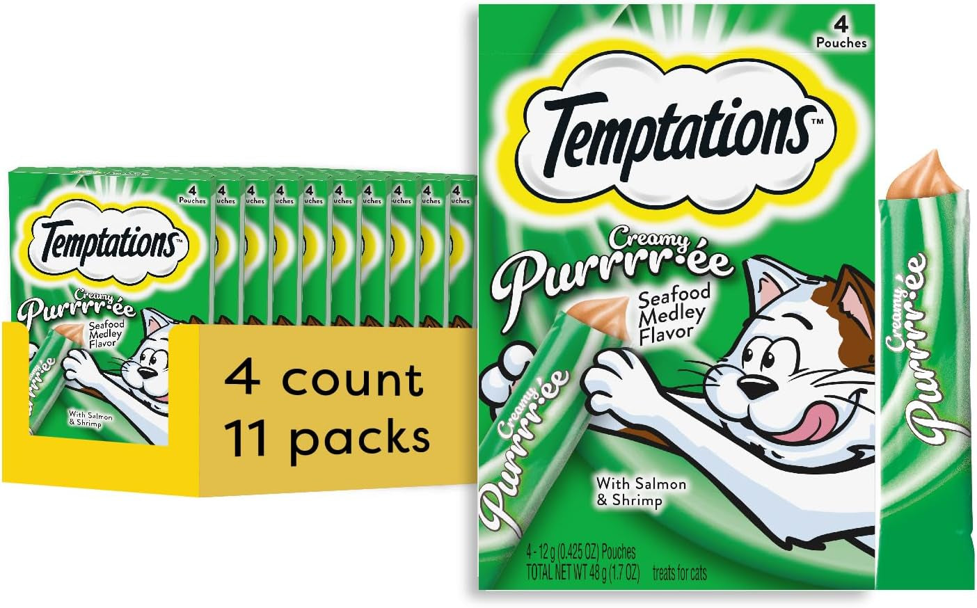 Temptations Creamy Puree Squeezable Lickable Wet Cat Treats with Salmon, 0.42 Oz. Tubes, 24 Count