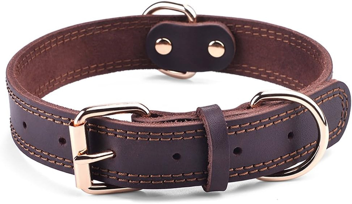 Leather Dog Collar, Genuine Heavy Duty Wide Dog Collar for Small,Medium,Large and Extra Large Dog (S: 0.8" Wide for 13.4"-15.8" Neck, Dual Stitch - Brown)