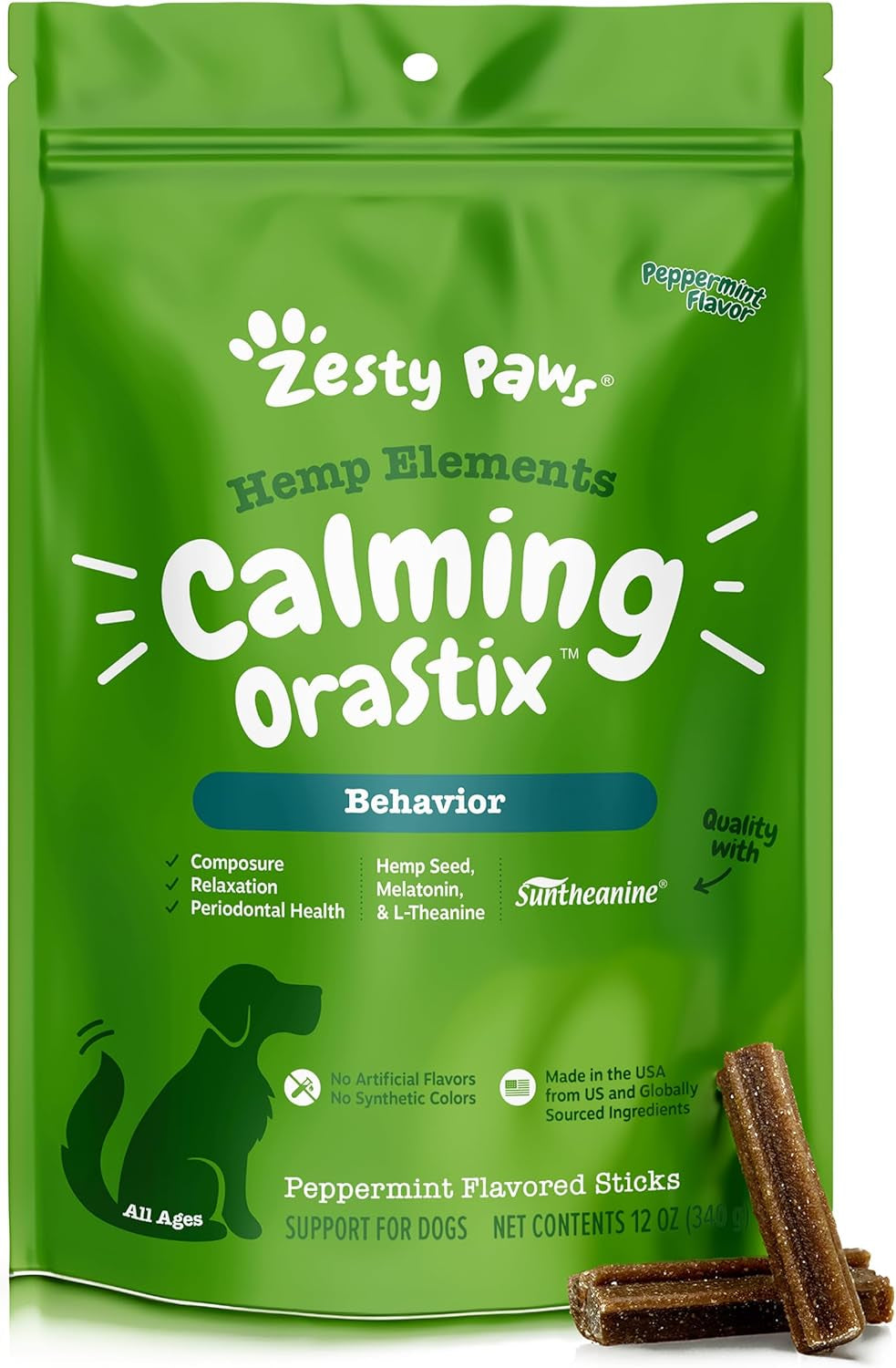 Zesty Paws Orastix for Dogs - Calming Dental Sticks for Stress with Hemp Melatonin Chamomile