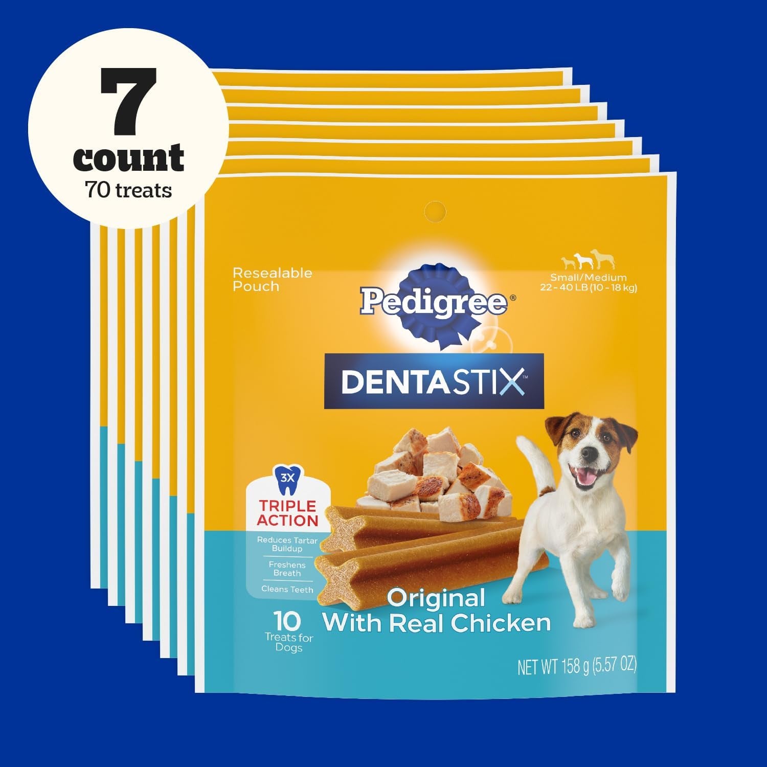 Pedigree DENTASTIX Small/Medium Dog Dental Treats Original Flavor Dental Bones, 5.57 Oz. Pack, Pack of 7 (70 Total Treats)