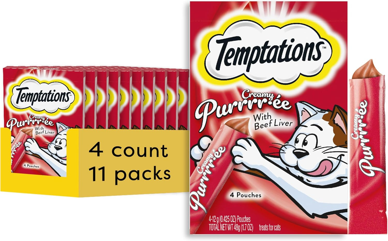 Temptations Creamy Puree Squeezable Lickable Wet Cat Treats with Salmon, 0.42 Oz. Tubes, 24 Count