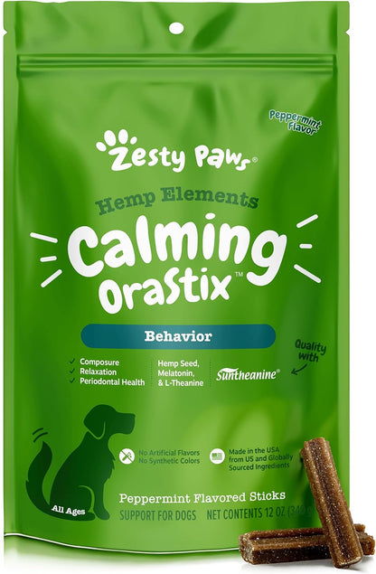 Zesty Paws Orastix for Dogs - Calming Dental Sticks for Stress with Hemp Melatonin Chamomile